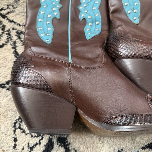 BCBG Pattern/studded Brown Leather Cowgirl Boots Turquoise Accents Brazil 7.5 - Picture 8 of 12